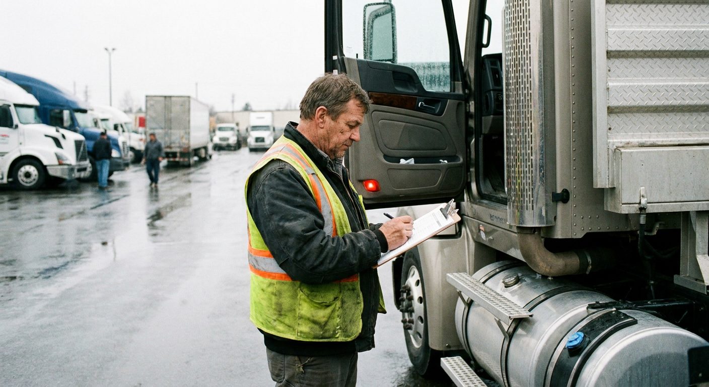 Professional driver performing a pre-trip inspection