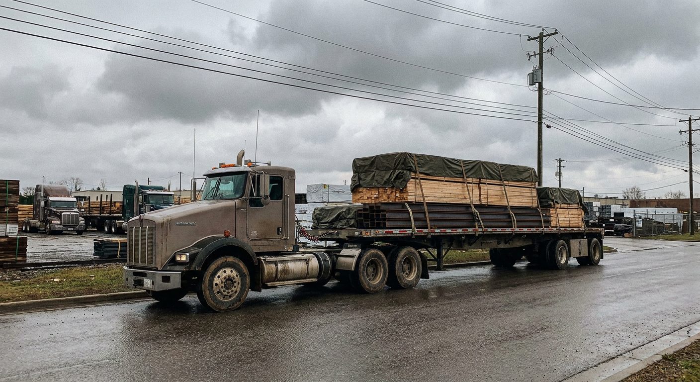 Flatbed truck loaded with steel and lumber